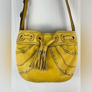 Fossil Fifty Four Shoulder Bag Studded Yellow Leather Purse Tassel Western Boho